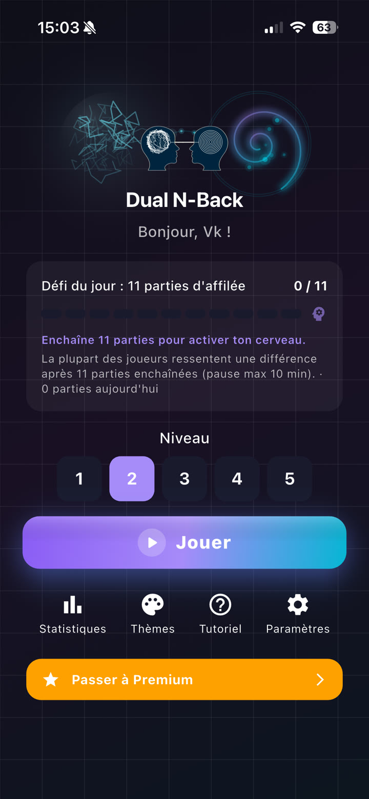 L'écran d'accueil avec le défi du jour